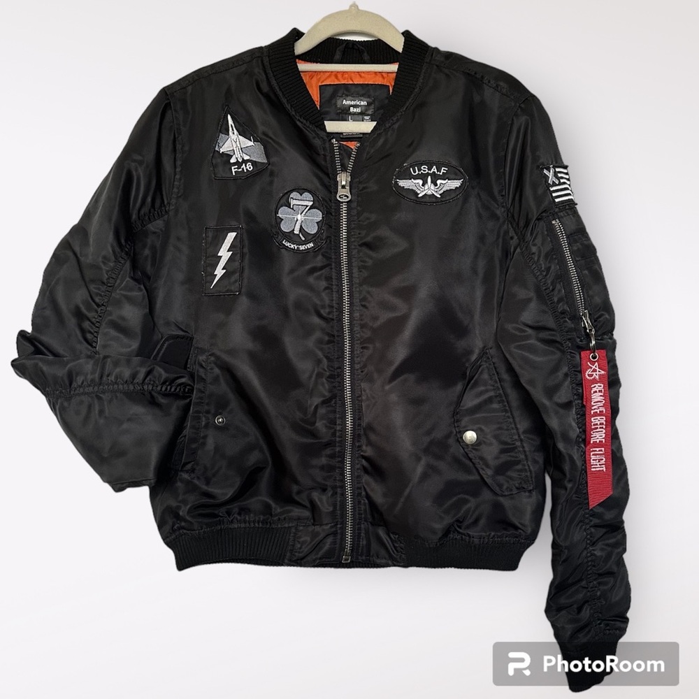 American Bazi Patched Flight Bomber Jacket Black Size Large